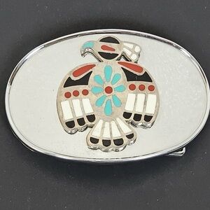 Thunderbird Bird Native American Peyote Southwest 80s Vintage Inlaid Belt Buckle